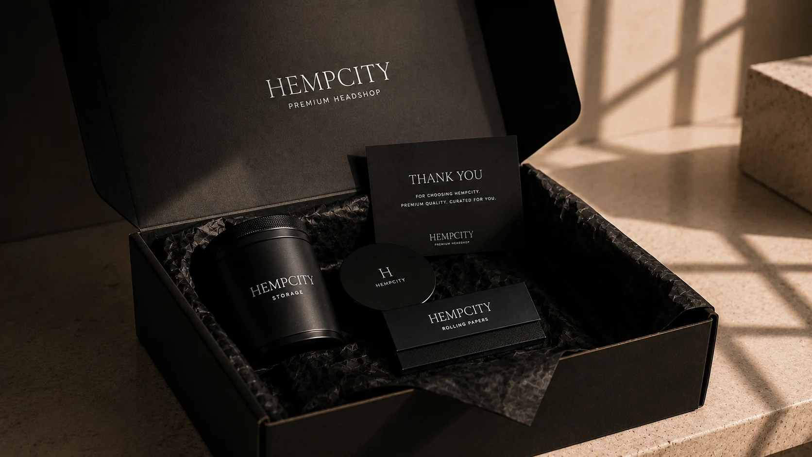HEMPCITY Premium-Verpackung und ausgewähltes Zubehör